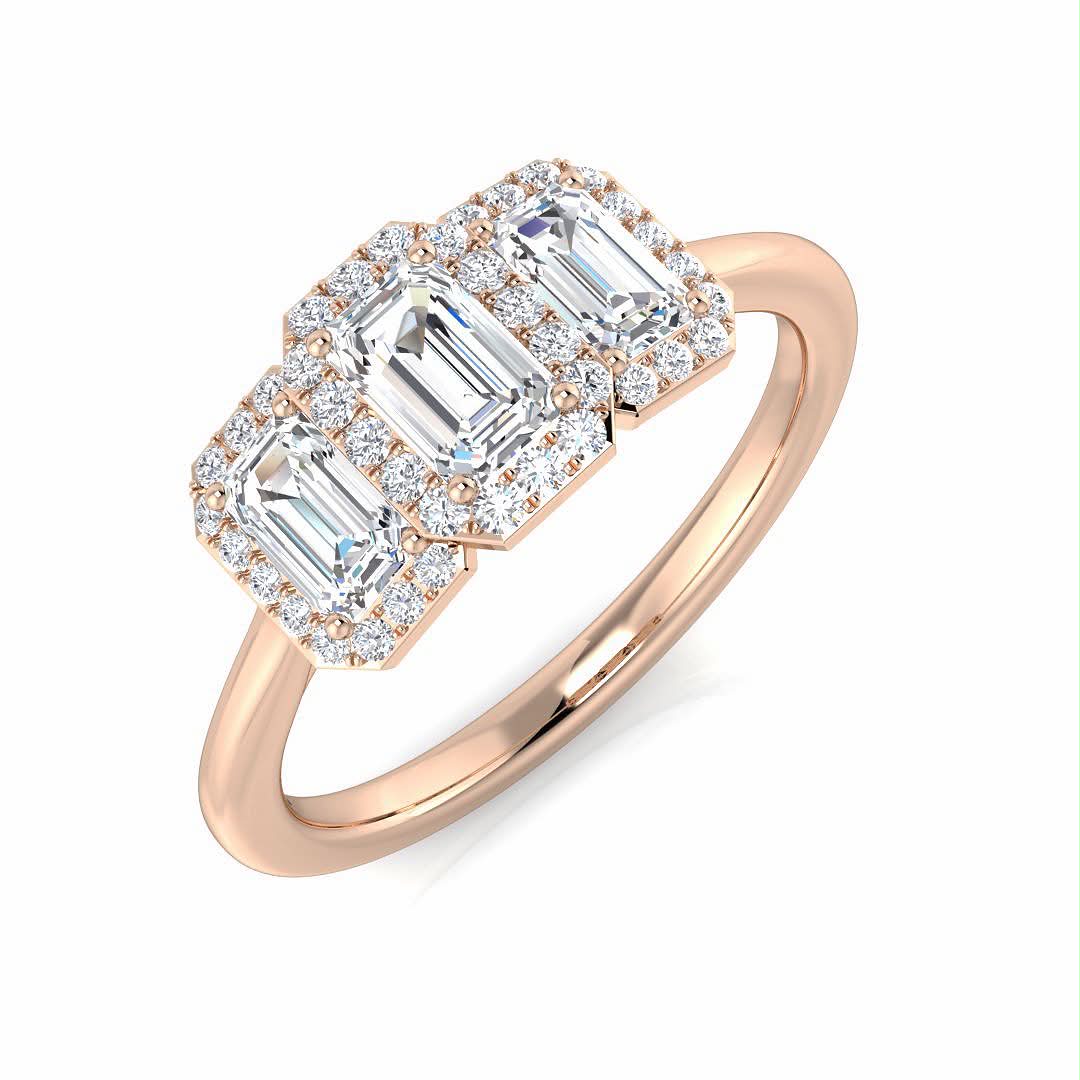3 stone emerald cut halo