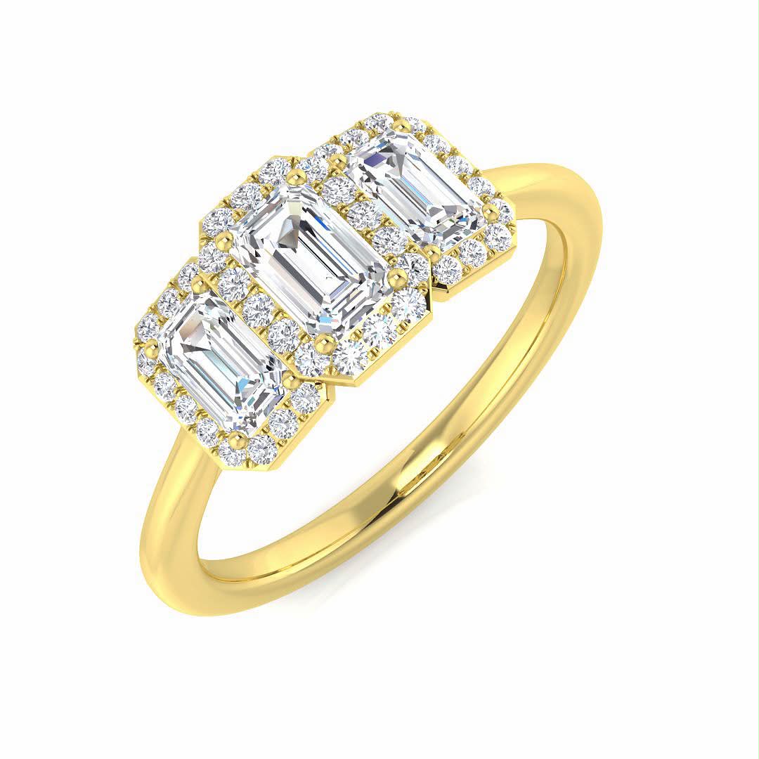 3 stone emerald cut halo