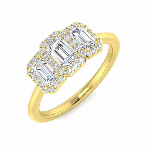 3 stone emerald cut halo