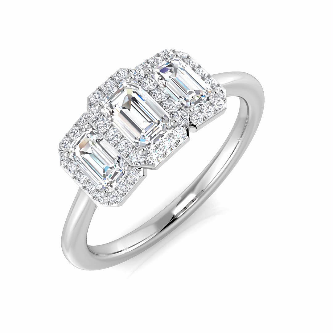3 stone emerald cut halo
